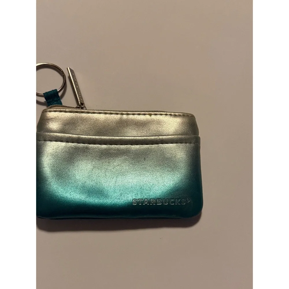 Starbucks Metallic Ombre Coin Purse Keychain Teal Silver Gradient Mini Pouch